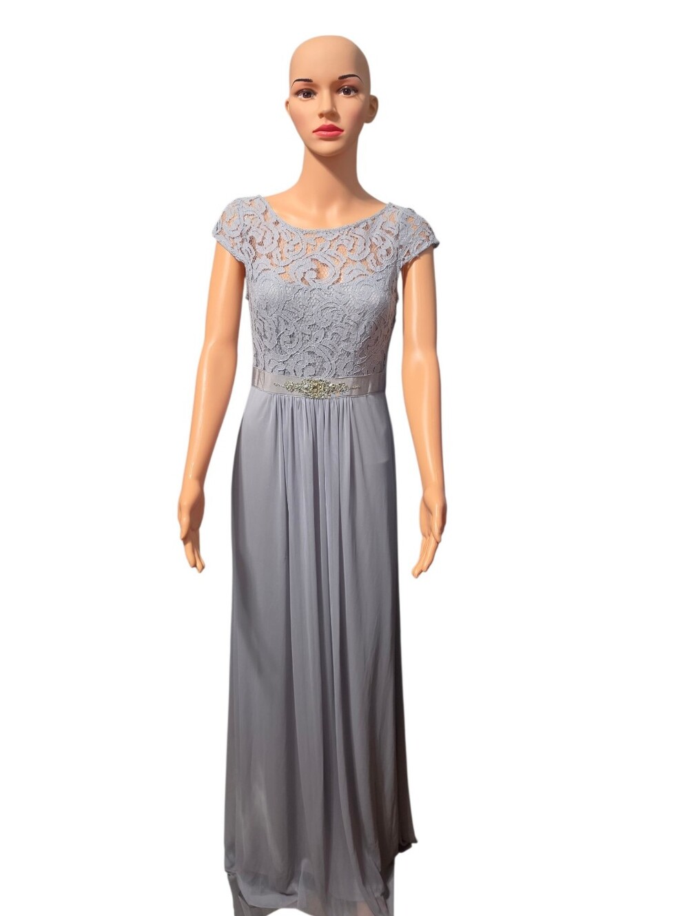 Adrianna Papell Silver Floral Lace Stretch Tule Femenine Gown Cottagecore Sz 2 - Picture 2 of 12